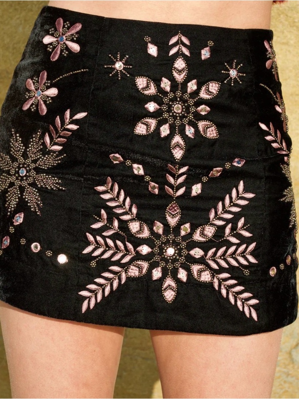 Free People 100% Cotton Beaded Embellished Mini Skirt Black